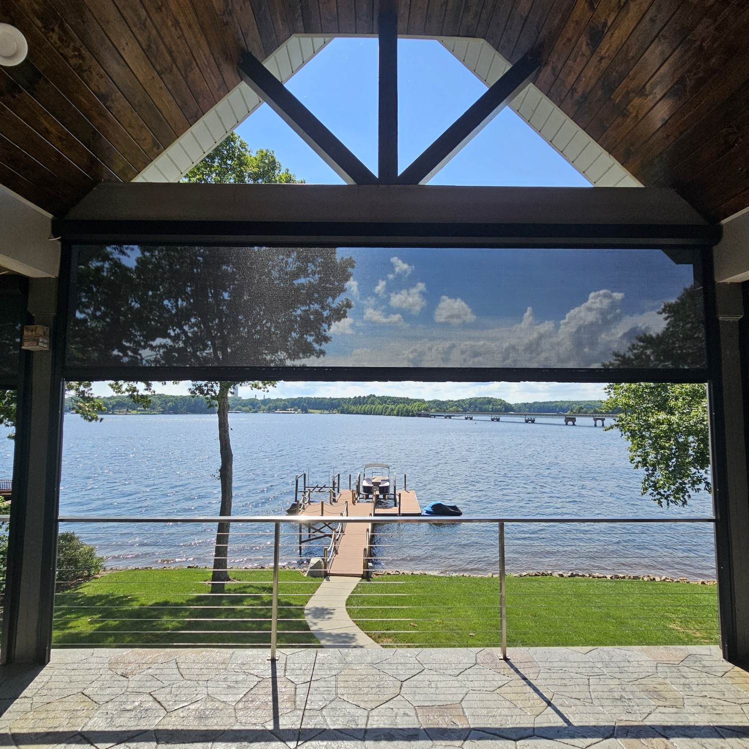 Motorized Outdoor Shades for Lake Norman Dock & Boathouse Living